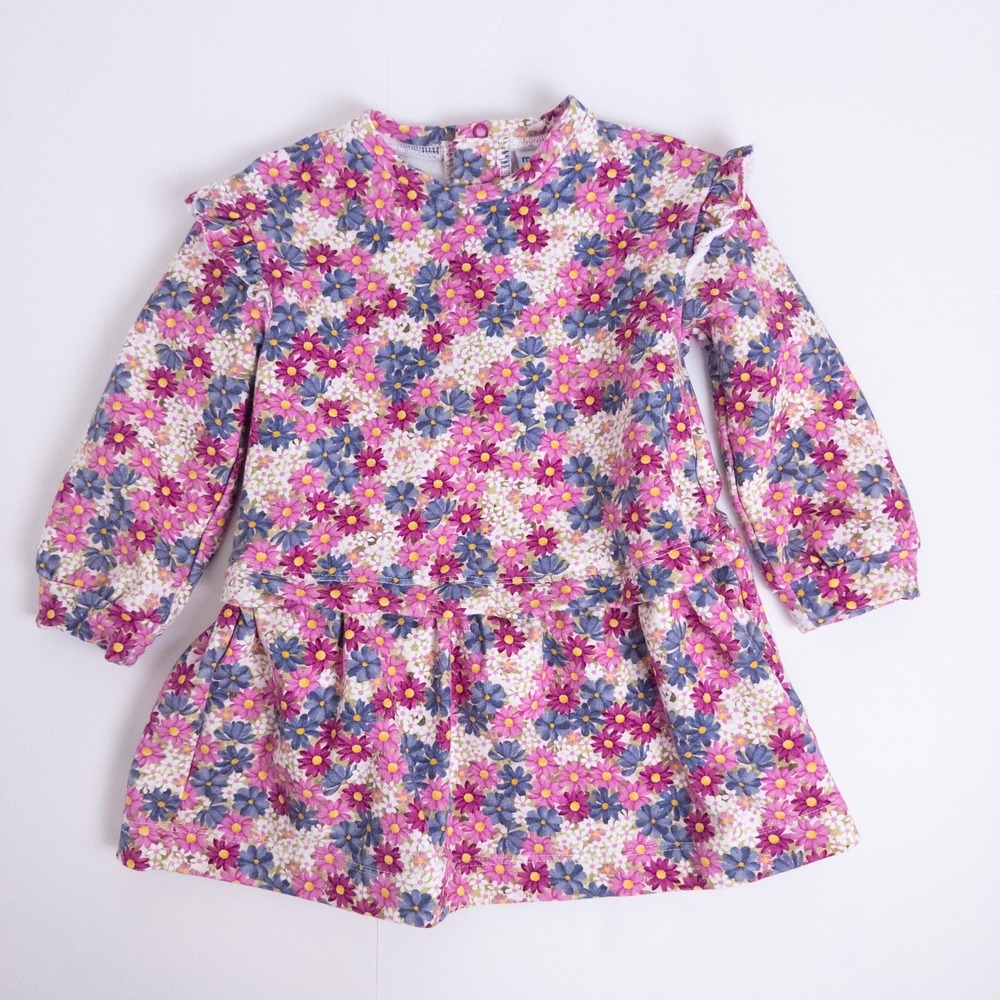 Mayoral Floral Long Sleeve Dress Baby 12m Pink Purple Ruffle‎ Drop Waist